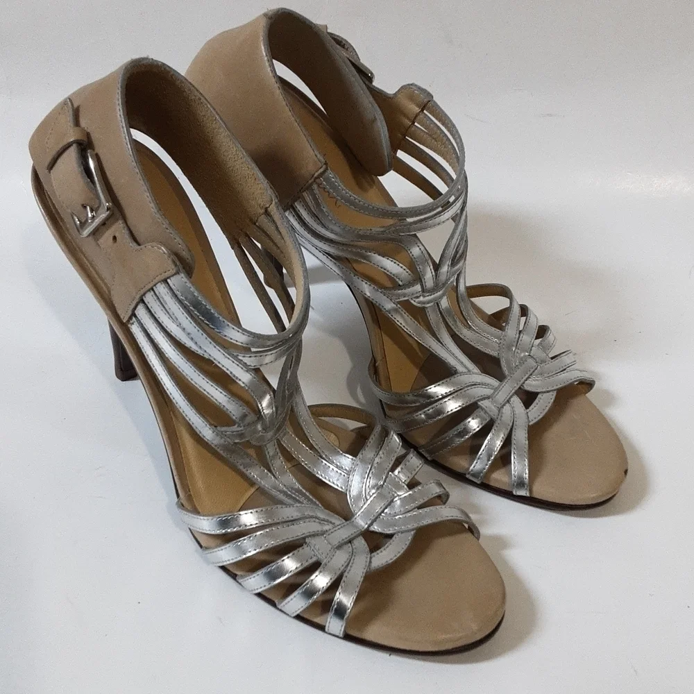 Cole Hann women heeled leather sandals pump 9B event luxury wedding tan silver